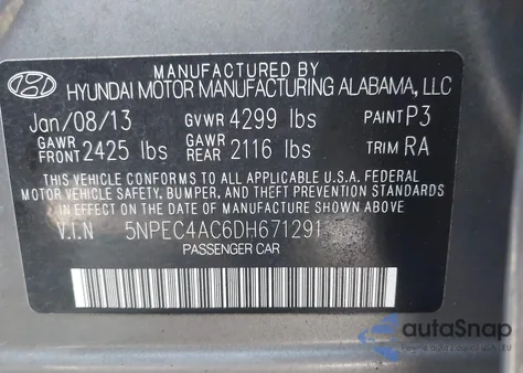 2013 Hyundai Sonata Se из США, поврежденный, VIN 5NPEC4AC6DH671291